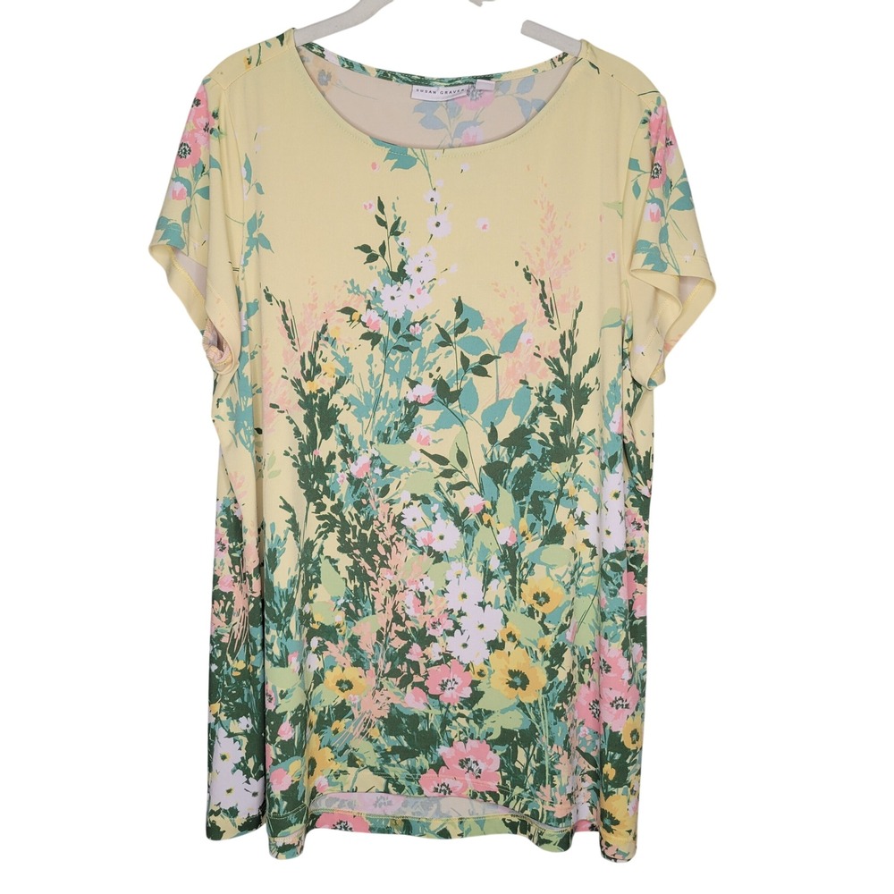 Susan Graver Top Women's Size L Liquid Knit Yellow Floral Stretch Tunic